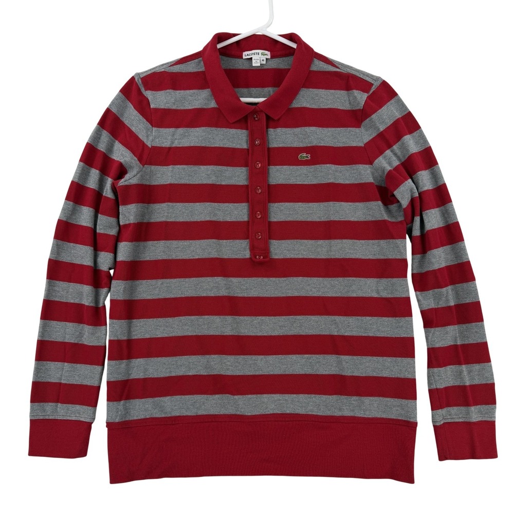 Lacoste Polo Shirt Womens 46 Red Gray Stripe Long Sleeve Stretch Knit Top